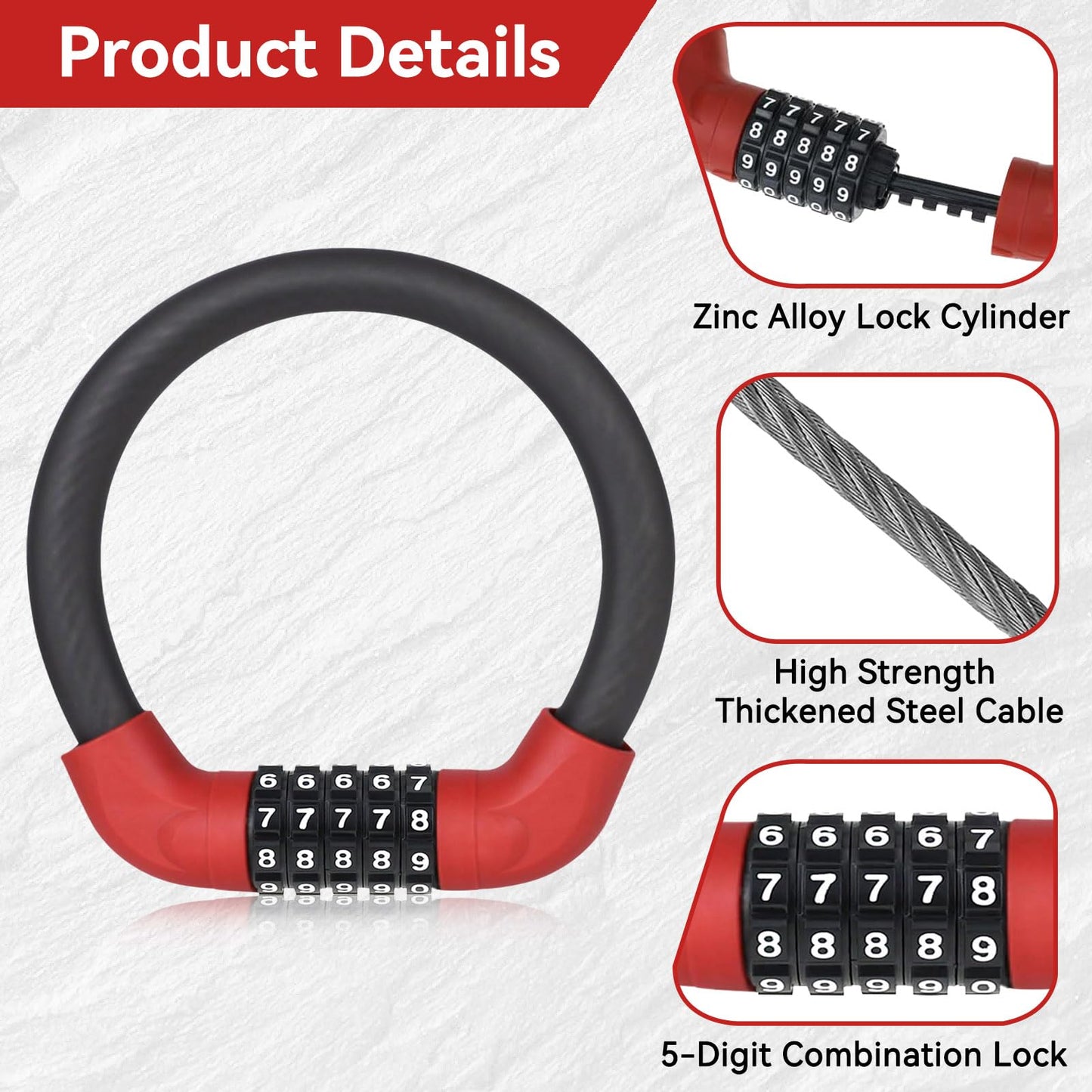 5 Digit Combination Bike Cable Lock, Lightweight Bicycle Lock Anti Theft Resettable Combination Portable Bicycle Cable Locks for Bike, 15inch, Red