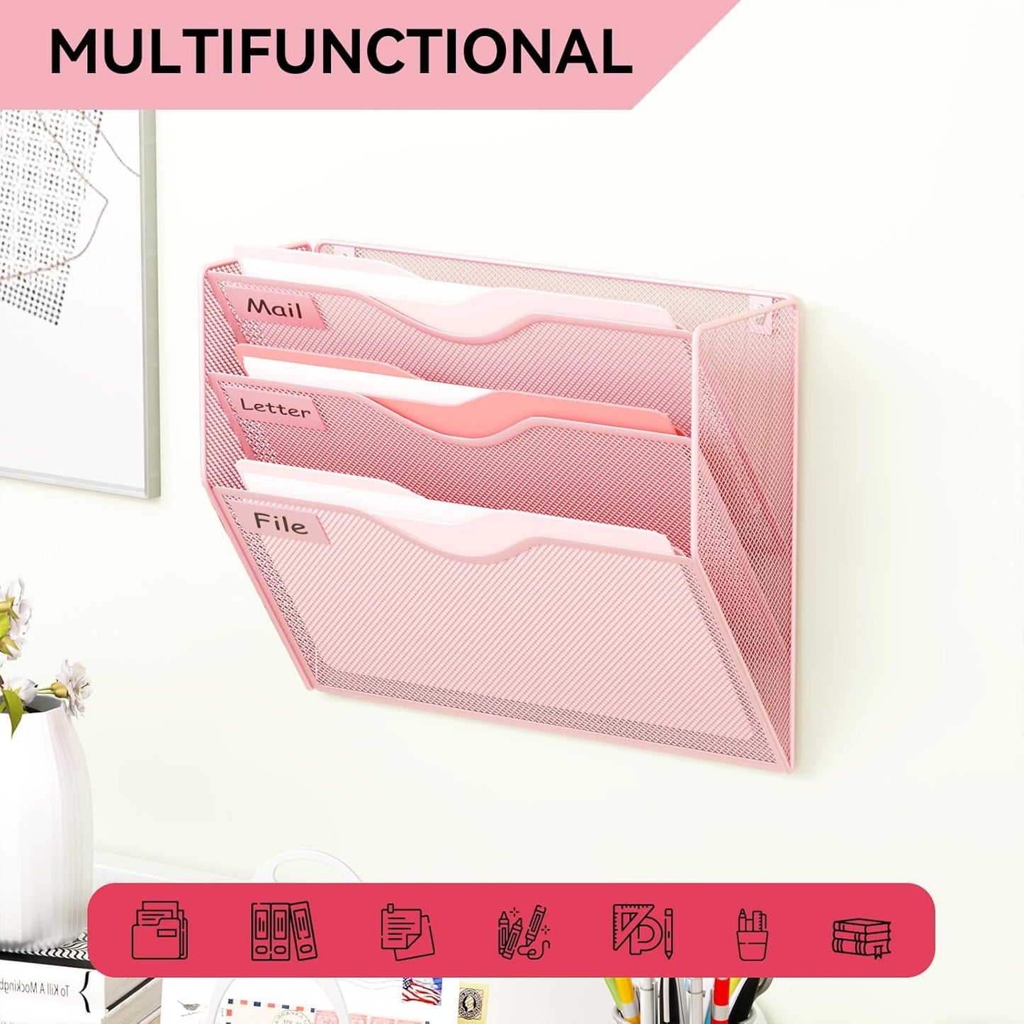 5 Pockets Mesh Hanging Wall File Holder Organizer Wall Mounted Paper Magazine Rack, Black