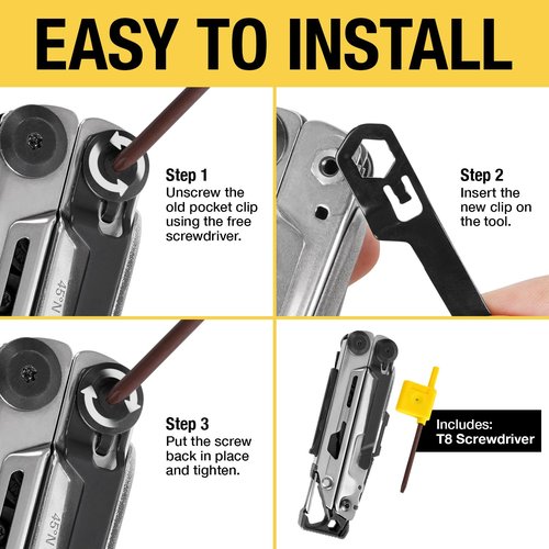 [2-Pack] Stainless Steel Pocket Clip - Perfect Fit For Leatherman Signal Multi-Tool - 1 Black + 1 Silver/Metal - Add Or Replace Broken Belt Clip in Seconds - Screwdriver Included For Easy Installation