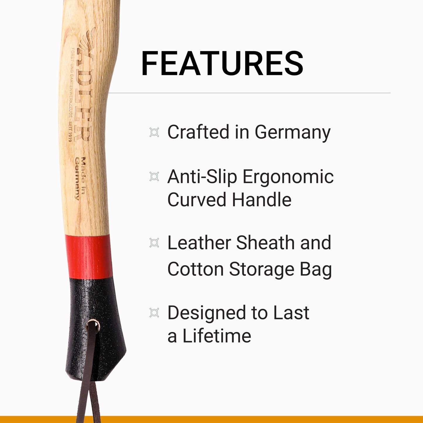 Adler The Scout Hatchet - Compact German Made Camping & Backpacking Hatchet, 11.8" Ash Handle with Anti-Slip Grip, 0.88 lb Lightweight Design, Premium Leather Sheath (Red Stripe)