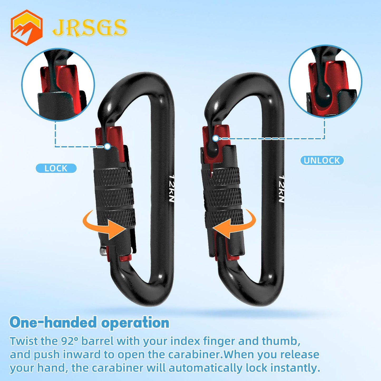 JRSGS Heavy Duty Locking Carabiner Clip 12KN Auto Locking Carabiner 7075 Aluminum Material, Lightweight and Strong, Easy to Carry, Suitable for Hiking, Hammock, Suspension, Gym, Keychain, Dog Leash.