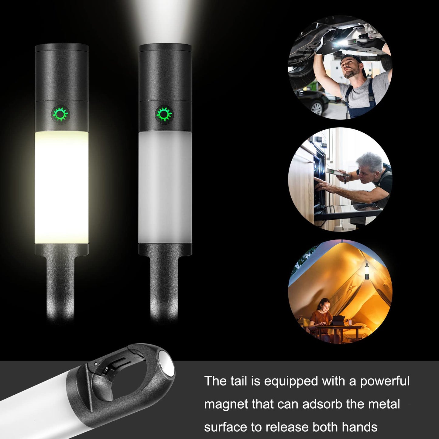 poyoelf Zoomable Led Flashlight with COB Sidelight with Magnetic Hook,Rechargeable EDC Small Lantern Flashlight,Waterproof,Tactical Portable Handheld Torch for Camping,Hiking,Emergency,Home Use(Grey)