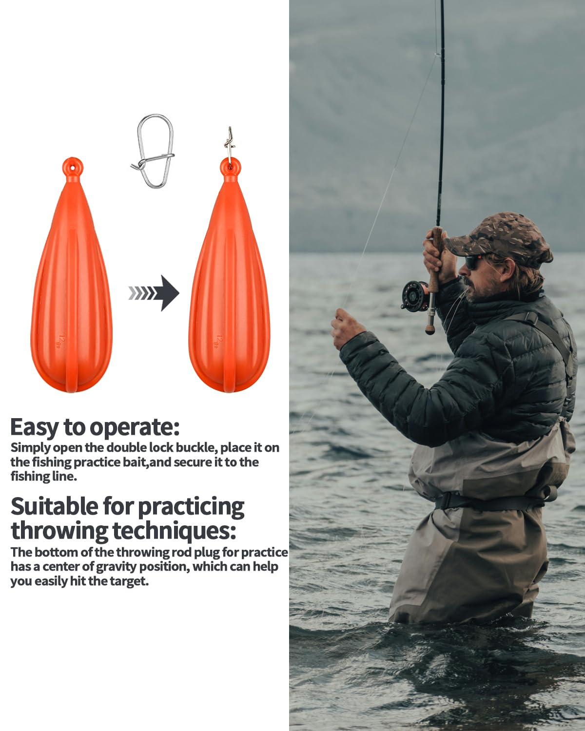 Abvsdu 6 PCS Fishing Practice Plugs - 6 Mixed Sizes Orange Bait Casting Practice Plug, Suitable for Children to Improve Throwing Skills (1/5 oz, 1/4 oz, 3/8 oz, 2/5 oz, 1/3 oz, 3/4 oz)