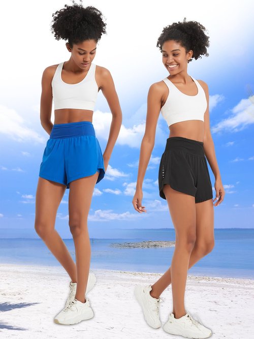 Monbessi Running Shorts Womens 2 in 1 Athletic Shorts with Zipper Pocket Swim-Shorts Ladies for Workout Training Yoga Jogging(L, Black)
