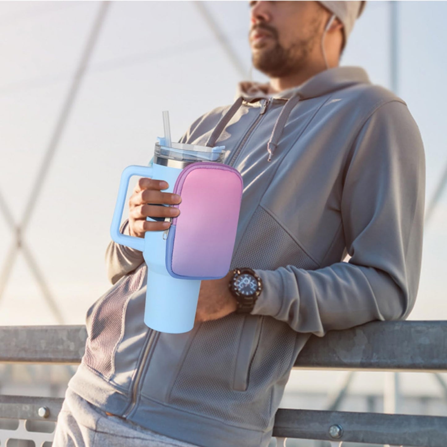 SUKOUSRAM Water Bottle Pouch Compatible with Stanley Quencher Adventure IceFlow 20oz-40oz,Tumbler Pouch Bag for Cards, Keys,Wallet, Earphones,Gym SportsWater Bottle Accessories,Gradient Purple