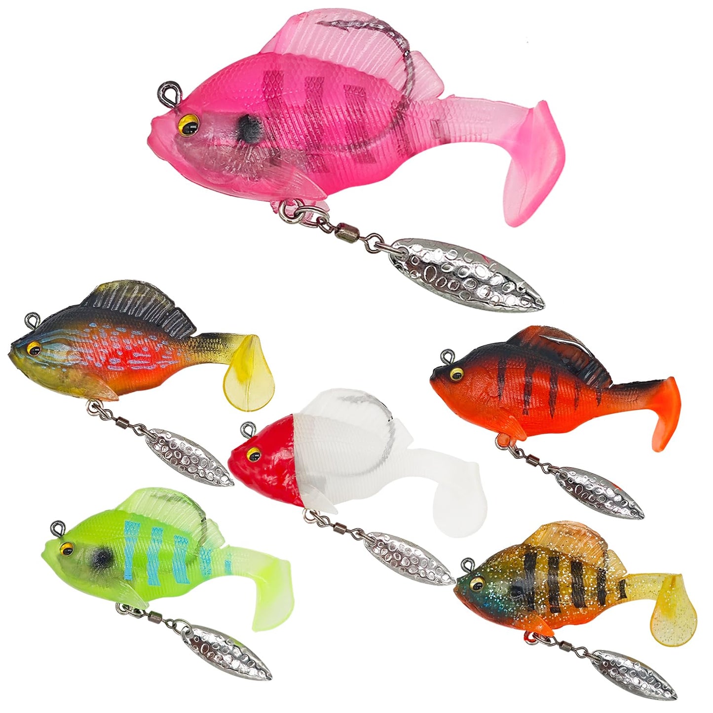 6PCS Pre-Rigged Jig Head Soft Fishing Lures with Paddle Tail, Swim Baits 3D Eyes Spinner Blades for Bass Fishing, Fishing Bait for Freshwater Saltwater, Fishing Lures for Bass Trout Walleye Crappie