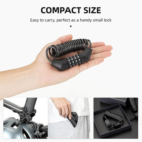 ROCKBROS Motorcycle Helmet Lock, Bike Helmet Lock, 4 Digit Small Cable Lock, Retractable Stroller Lock, Luggage Lock, Black