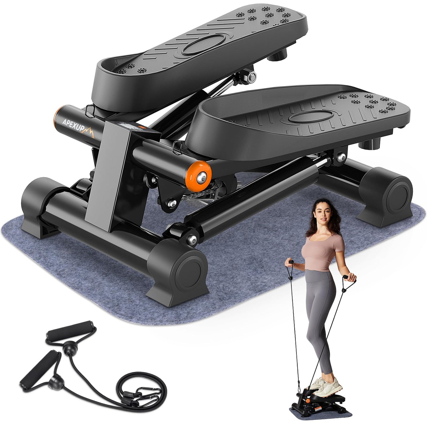 APEXUP Steppers for Exercise at Home, Stair Stepper with Resistance Bands and Mat, 330LBS Loading Capacity Mini Stepper with LCD Monitor for Full Body Workout Cardio