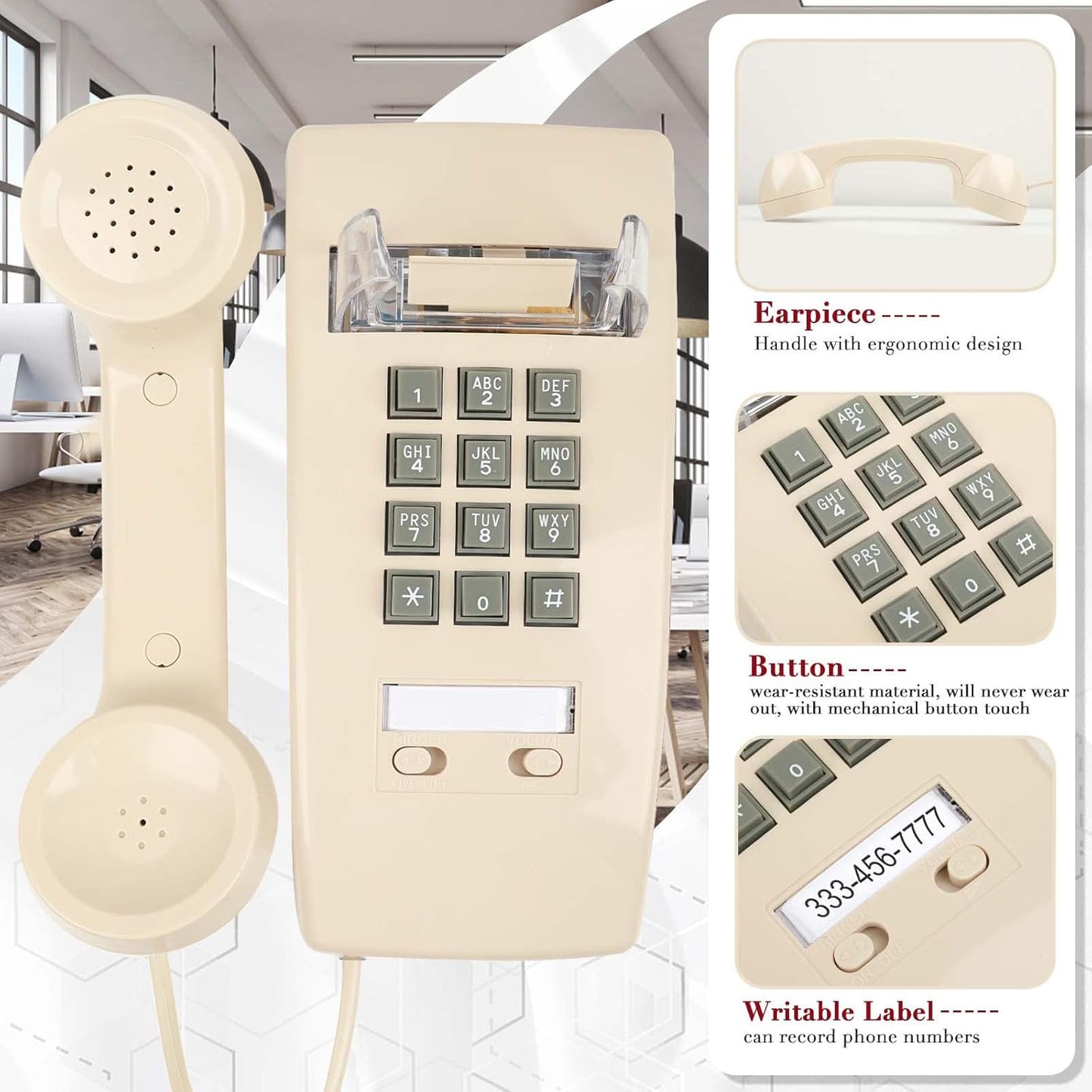 Wall Phone with Classic Design,Corded Wall Phone,Crisp Mechanical Ringer,Easy to Install, Retro Phone, Perfect for Kitchen,Living Room & Bedroom (Beige)
