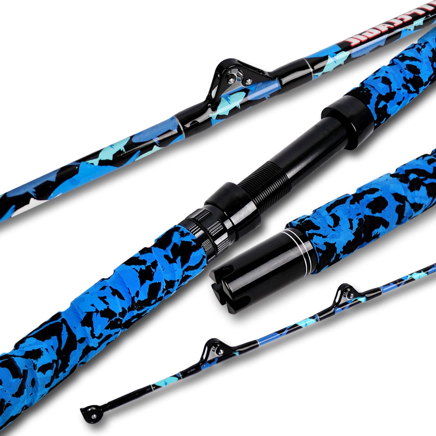 Fiblink Saltwater Fishing Rod 2Piece Offshore Trolling Rod Big Game Deep Sea Rod Conventional Boat Blue Camouflage Fishing Pole(5'6"30-50lbs)