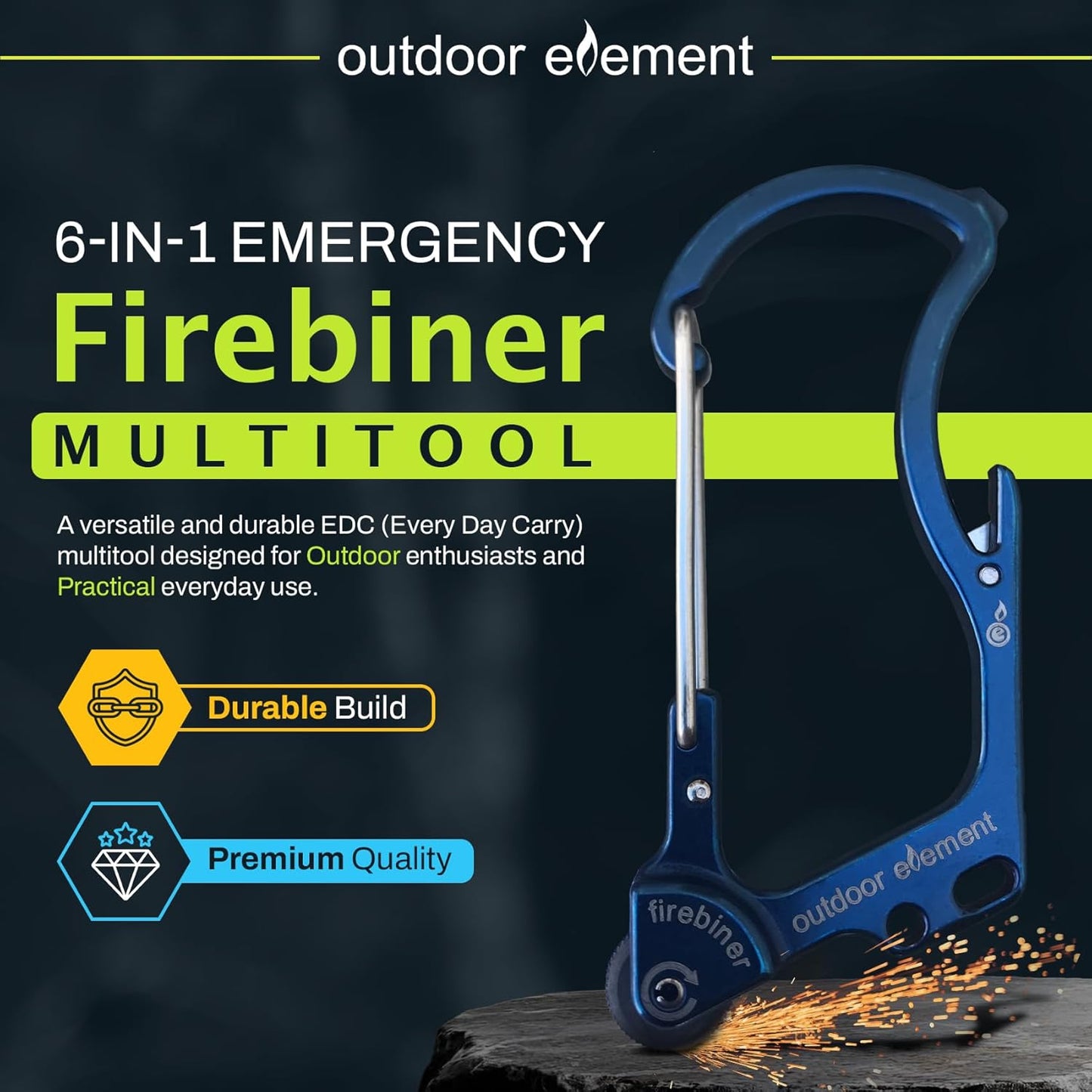 Firebiner 6-in-1 Fire-Starting Carabiner EDC Emergency Multitool -Keychain,Utility Blade,Bottle Opener,& More