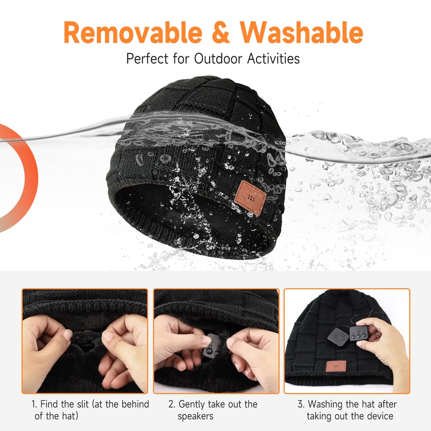 Bluetooth Beanie for Women with Ponytail Hole Wireless Knitted Beanie Hat with Bluetooth Headphones Built in Microphone, Winter Warm Hat Stocking Stuffers Black