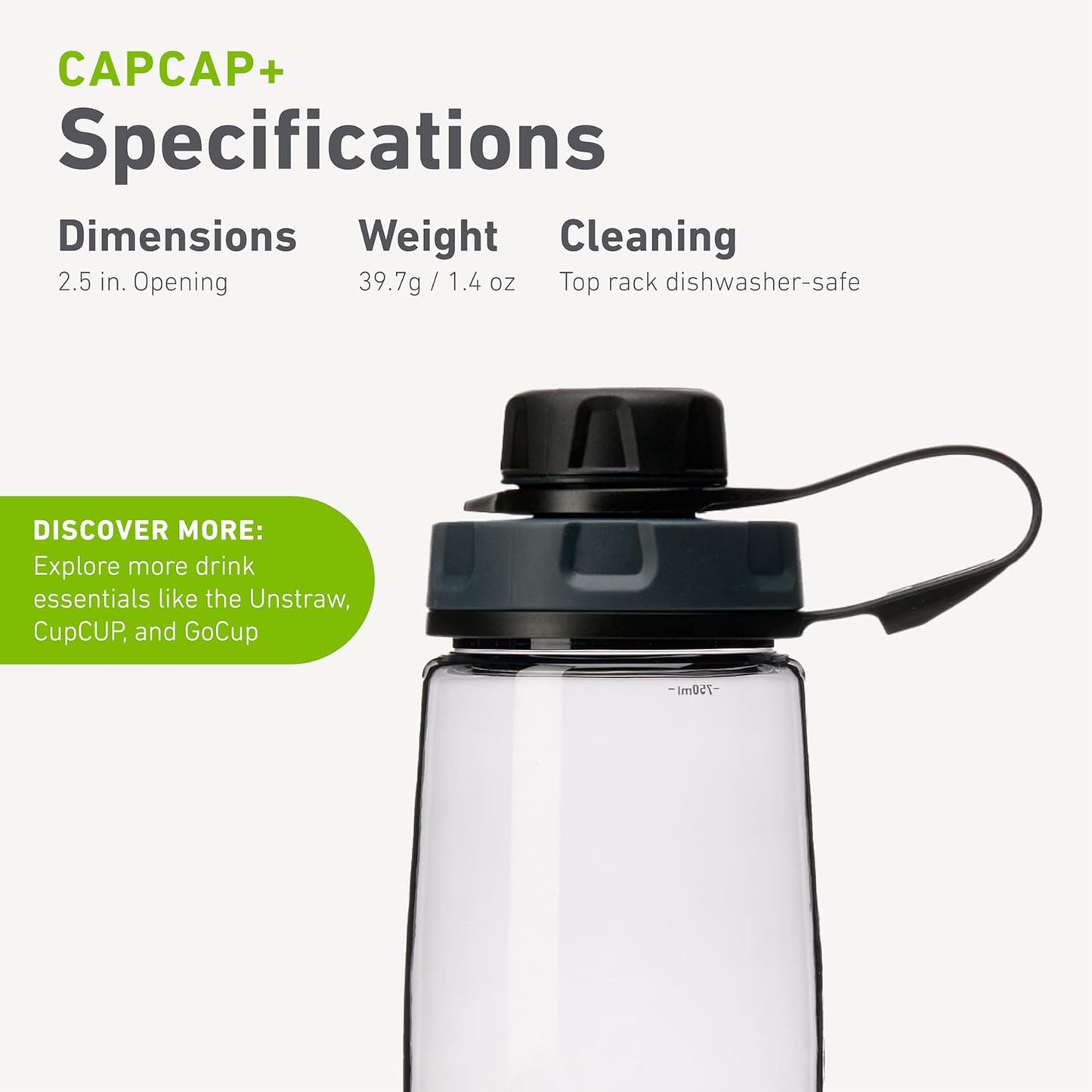 humangear capCAP+ | Converts Wide-Mouth Openings | Secure Easy Open | Food-Safe Material | Water Bottle Accessory Lid