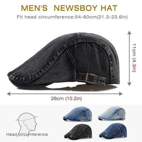 Taidor Mens Denim Cotton Newsboy Cap Ivy Gatsby Driving Hunting Cabbie Hat Black