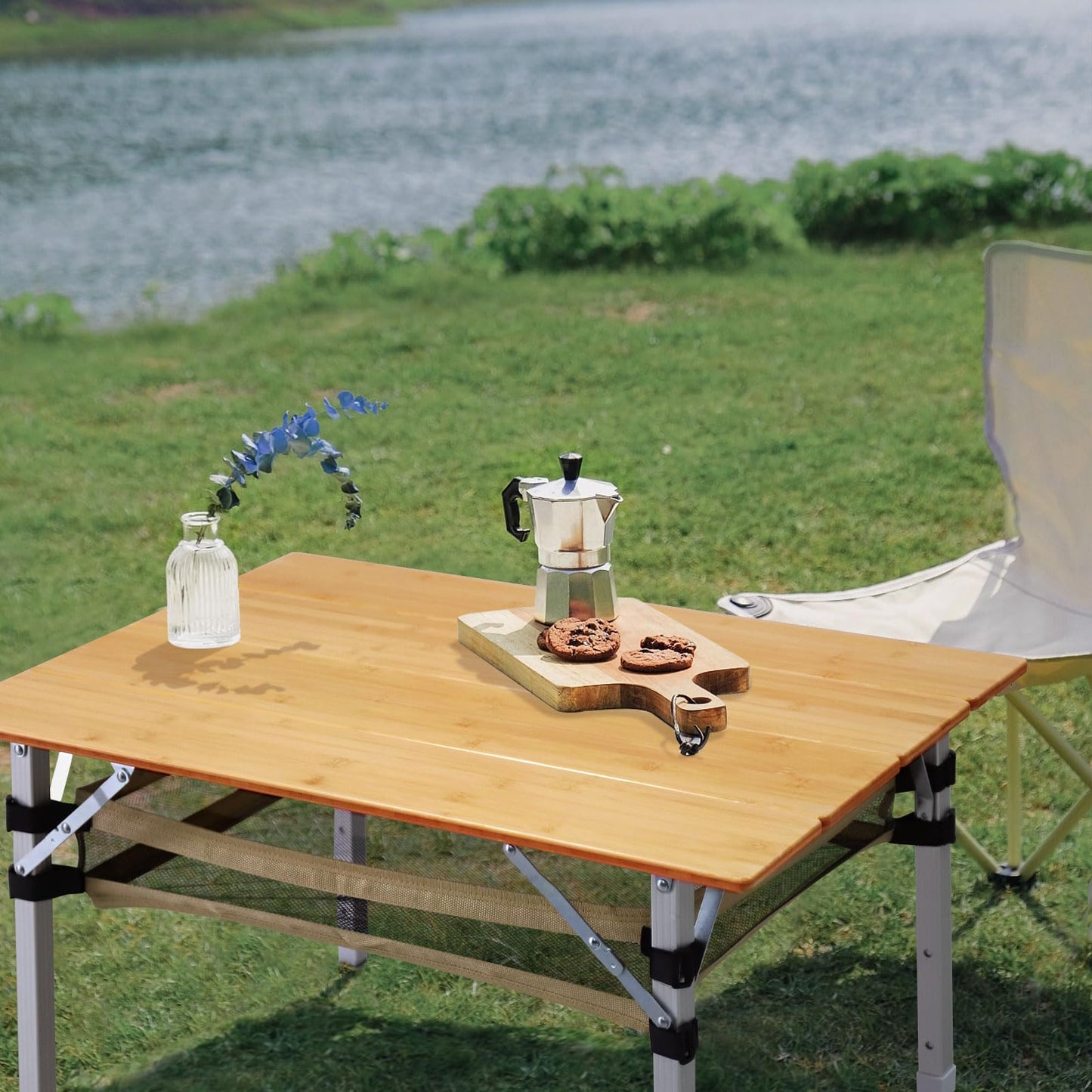 WKFAMOUT Bamboo Folding Camping Table 4 Folds with Adjustable Aluminum Legs Portable Picnic Table with Storage and Carry Bag for Outdoor Hiking Beach 2-4 Person