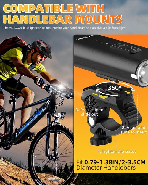 VICTGOAL Bike Helmet Light 1500 Lumens Rechargeable Front Bike Headlight, 13 Modes Super Bright Helmet Light with High Beam & Low Beam Bicycle Helmet Light for Night Riding (Black)