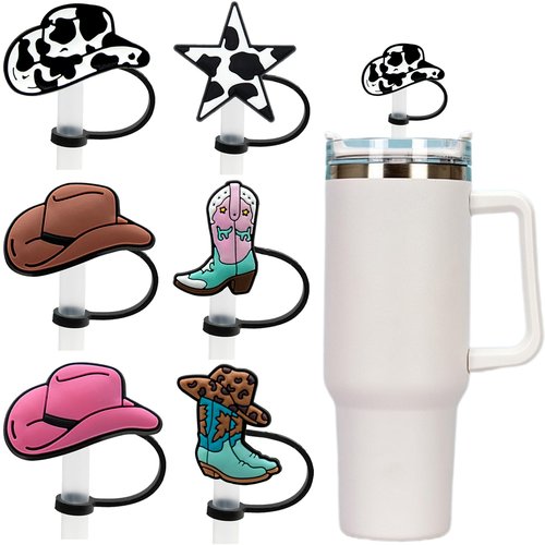Straw Cover Cap for Stanley Cup 30 Oz 40 Oz Tumblers - 10mm Silicone Cowboy Hat Straw Covers,Funny Cowgirls Straw Toppers Accessories,Cow Boots Straw Covers Cap Plugs for Man & Woman Gifts (Cowboy)