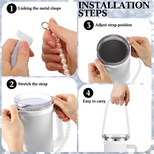 SiliFine Silicone Water Bottle Handle Holder with Pearl Strap Compatible with Stanley Cup Accessories Charms Sling Water Bottle Carrier Holde Fits Most 8-40 oz Tumbler Gift for Woman(White)