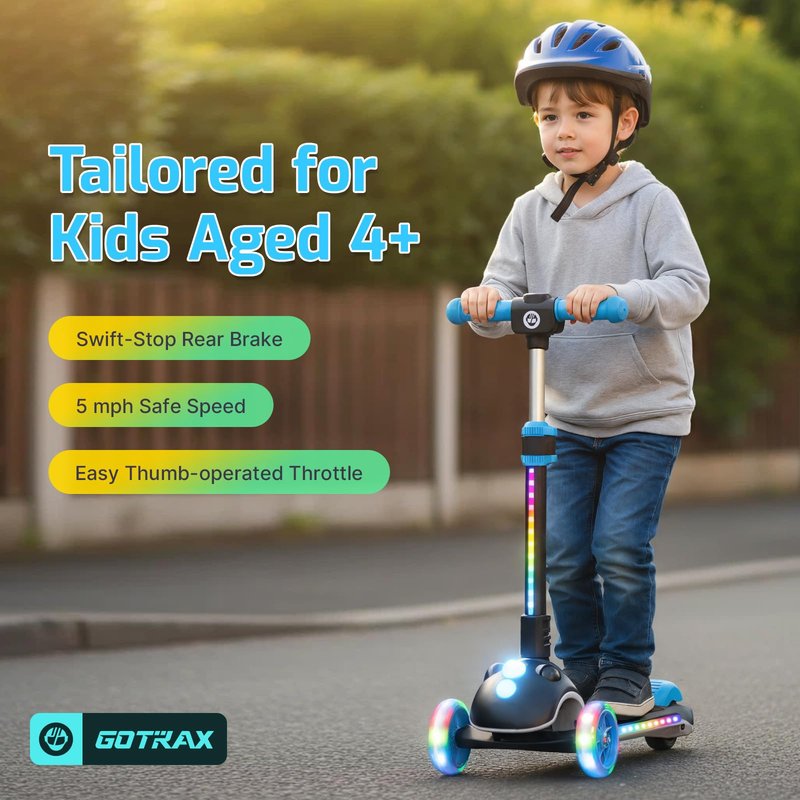Gotrax SK1 Foldable Electric Scooter for Kids 4+, Full Body LED Light, 90min Riding & 5Mph Speed, Push-Button Throttle&Battery Indicator, 6'' Wheel&3 Adjustable Height, 3 Wheel Escooter, Gift, Black