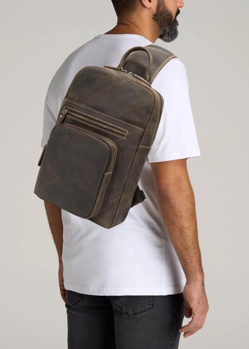 nomeity Men's Full Grain Crossbody Retro Leather Sling Bag For Men Outdoor Travel/Hiking Shoulder Chest Daypack For iPad Pro 12.9