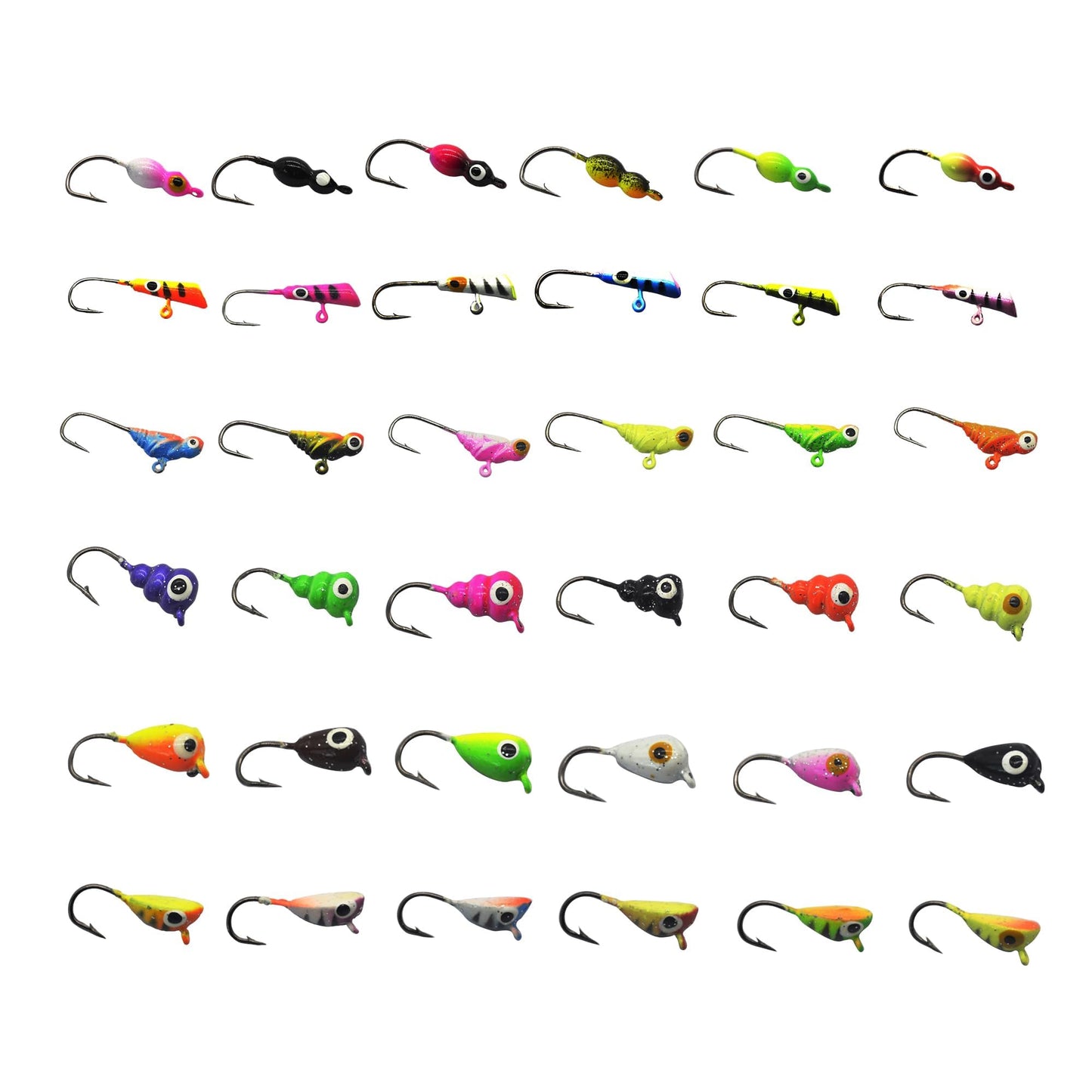 Alichino Ice Fishing Jig Set Ice Fishing Lures for Panfish Crappie, Ice Jig Head Hook Set (Lead ice jig Sets 6 Types 36 pcs with Box)