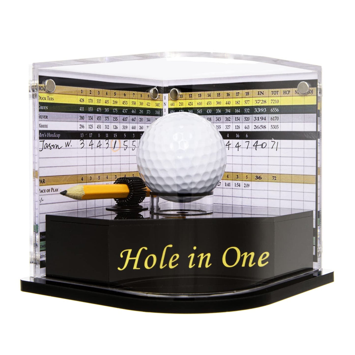 Golf Ball Display Case for Hole-in-One Golfer. Black Ball Throne with Golden Stamp. 2X Background Frames on Each Side of Cambered Cover. Pencil Holder, Glue Dots are All Included, No Assembly