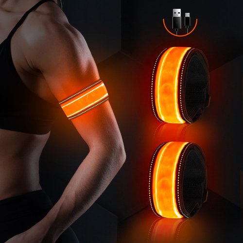 LED Armband Rechargeable for Running Walking, Safety Night Light Up Running Gear, High Visibility Reflective Luminous Armband, Adjustable Glow Accessories for Men Women (2 Pack) (Orange)
