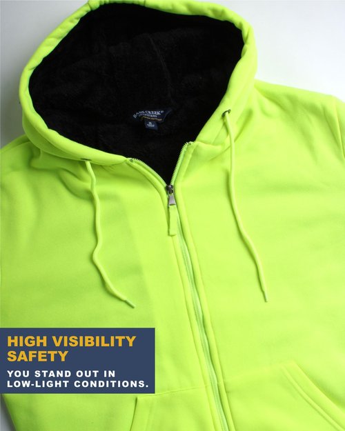 Bass Creek Outfitters Mens High Vis Hoodie - Heavyweight Water Resistant Sherpa Lined Work Hoodies for Men (M-XXL), Size Large, Neon Yellow