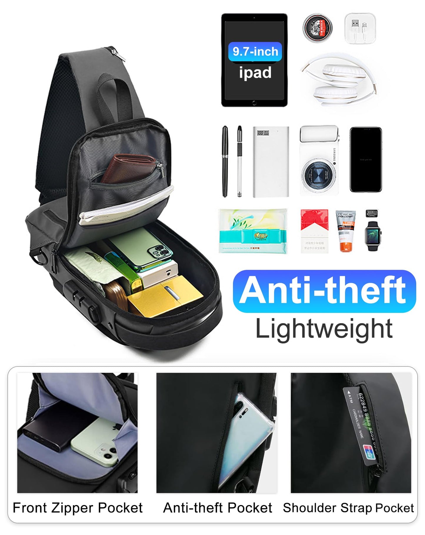 Geanbun Sling Bag for Men Anti-Theft USB Crossbody Backpack Waterproof Chest Daypack Lightweight Shoulder Bag (Black)