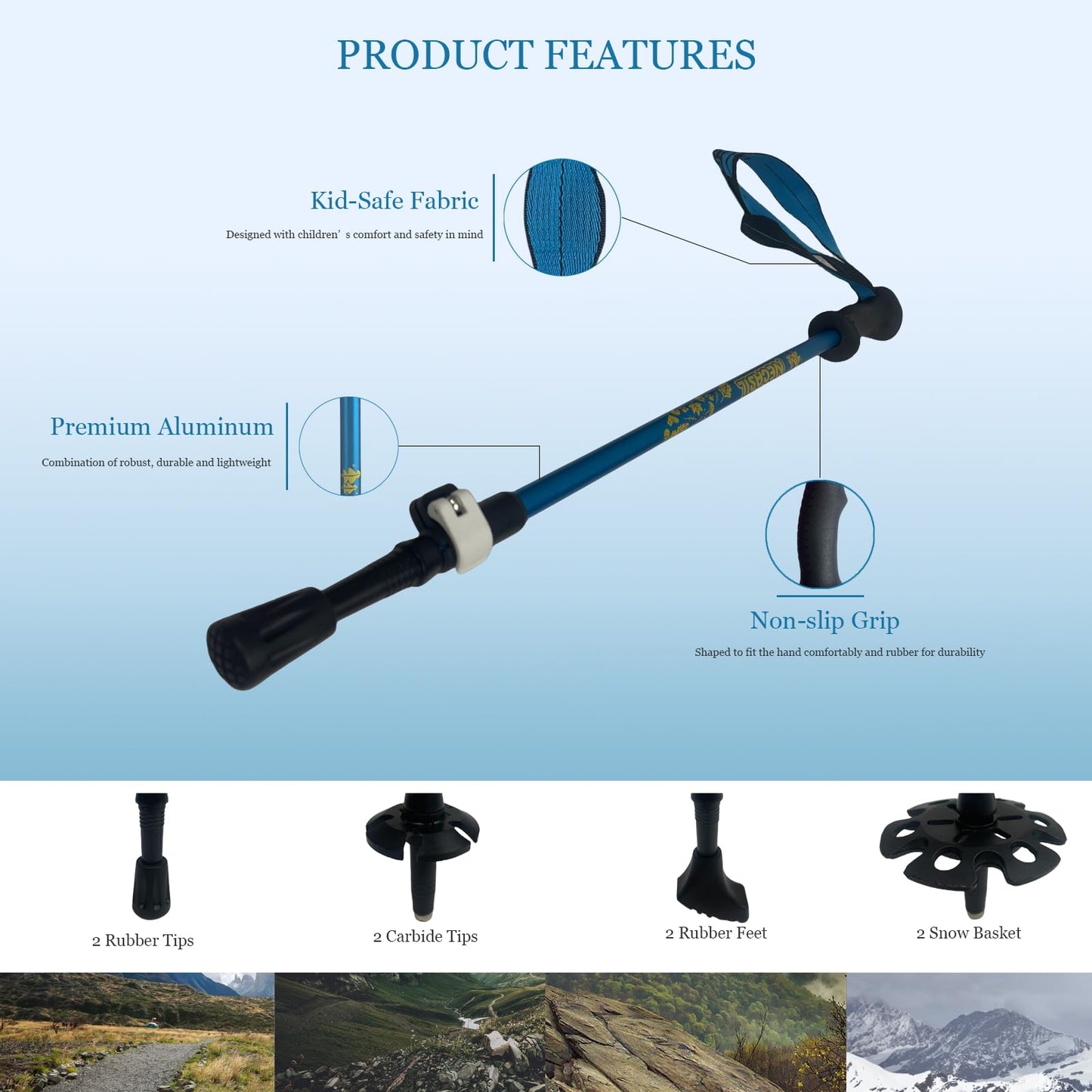 ALYEEPLOR 2PCS Adjustable Aluminum Kids Hiking Poles, Lightweight Collapsible Trekking Poles for Hiking, Ski, Outdoor Activities, Hiking Stick Gear (Blue, Aluminum)