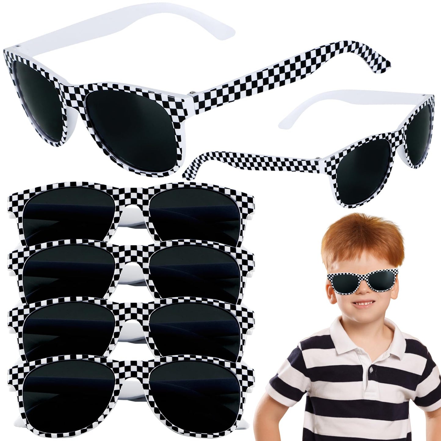 6 Pack Race Car Checkered Sunglasses White Black Frame Checker Sunglasses Bulk for Kids Race car Party Favors Essentials & Gear Up With Hot Car Plastic Glasses for Racing Theme Birthday Supplies Gifts