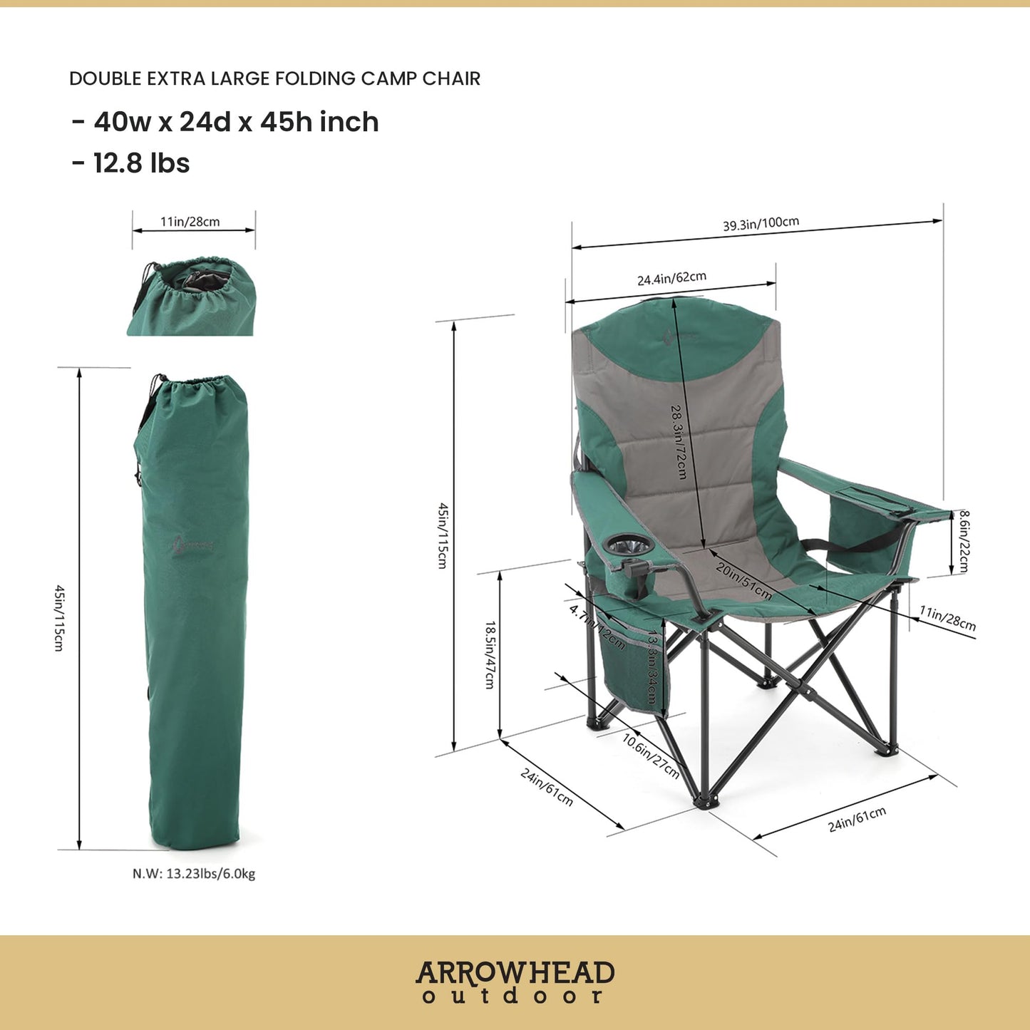 ARROWHEAD OUTDOOR Oversized XXL Portable Folding Camp Chair w/Glass & Cup Holders, Armrest Cooler, Heavy Duty Carry Bag, 600 lbs Weight Capacity