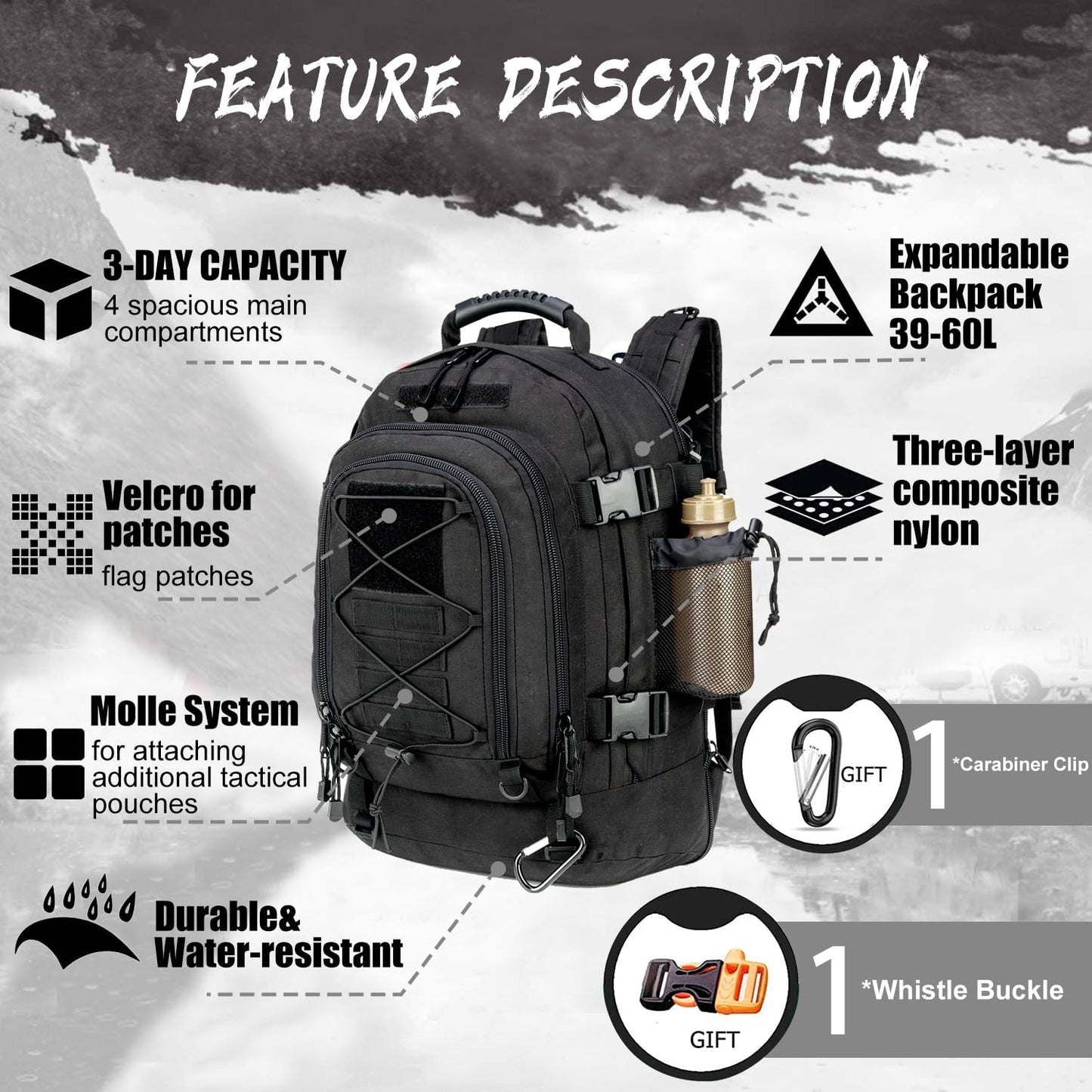 Expandable 40-64L Military Tactical Backpack 3 Day Bag Hiking Gym Sport Camping