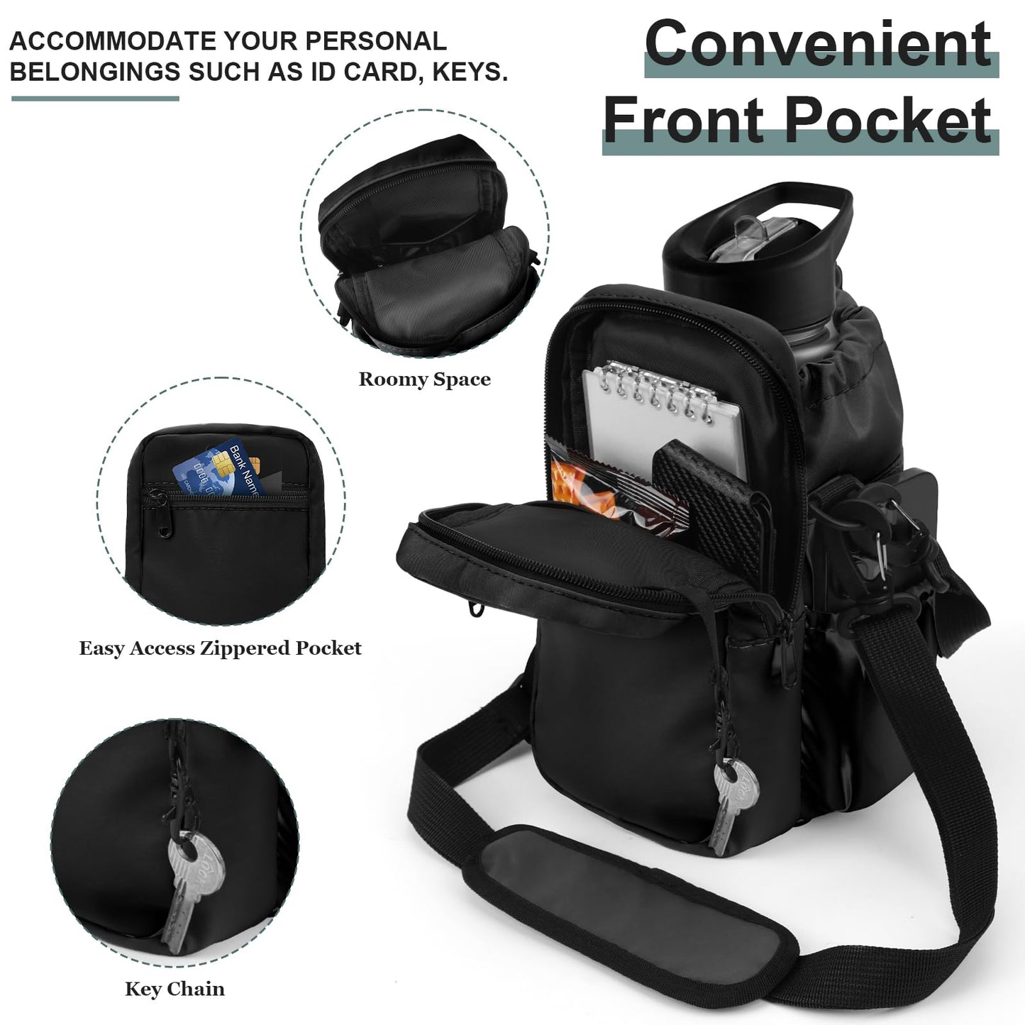 JRQCSJY Water Bottle Holder with Strap, 32/40oz Insulation Water Bottle Carrier Bag with Phone Pocket, Water Bottle Sling Bag Crossbody Water Bottle Holder for Hiking Walking(Black)