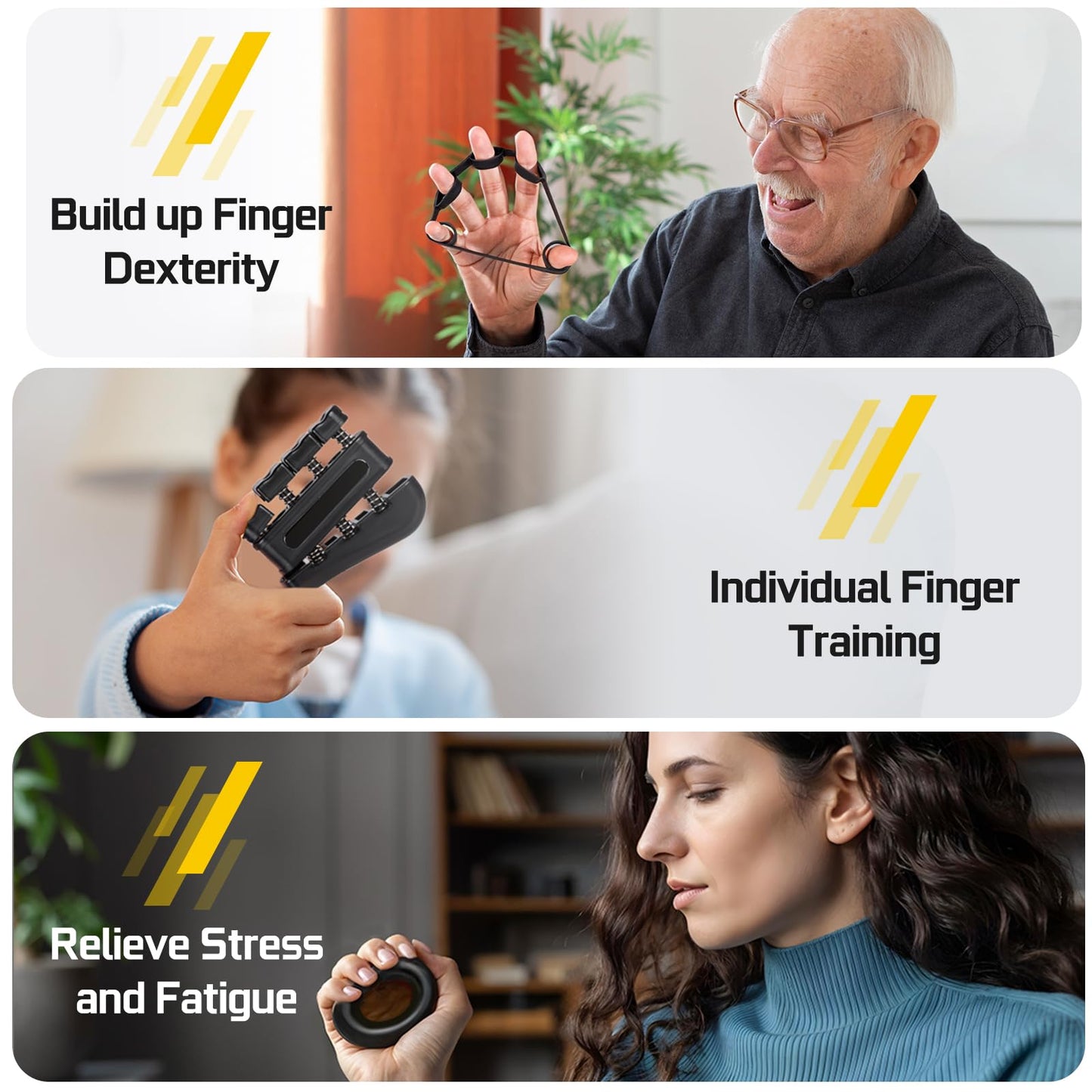 Hand Grip Strength Trainer Kit - Hand Gripper Strengthener 6 Pack with 2 Adjustable Resistance with 2 Finger Stretchers Finger Exerciser Forearm Workout Ring Exercise Equipment Yellow and Black