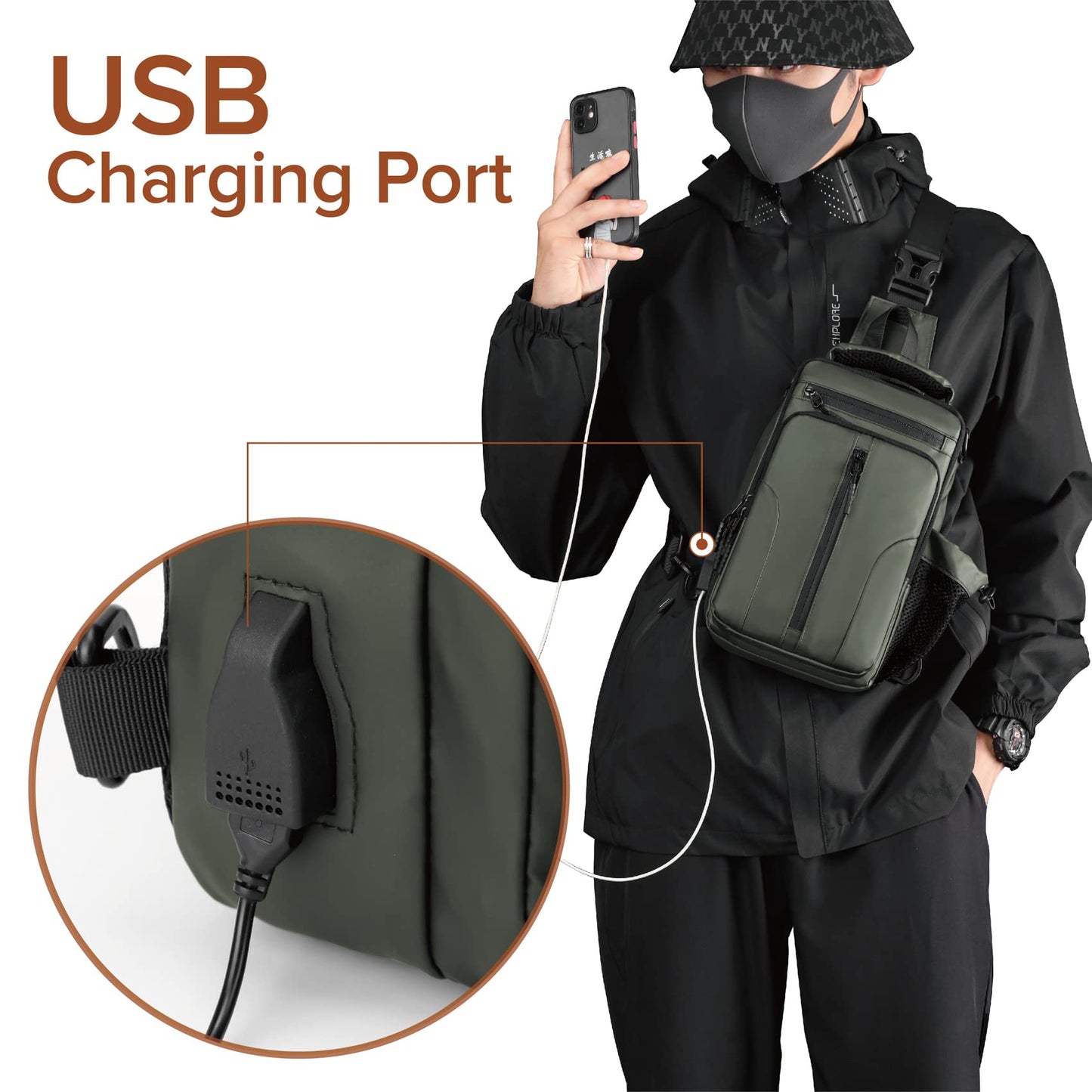Anti Theft Crossbody Backpack Shoulder Sling Bag for Men Women Lightweight One Strap Motorcycle Messenger Bag Daypack for Cycling Hiking Walking Outdoor Sports Travel with USB Charger Port Army Green