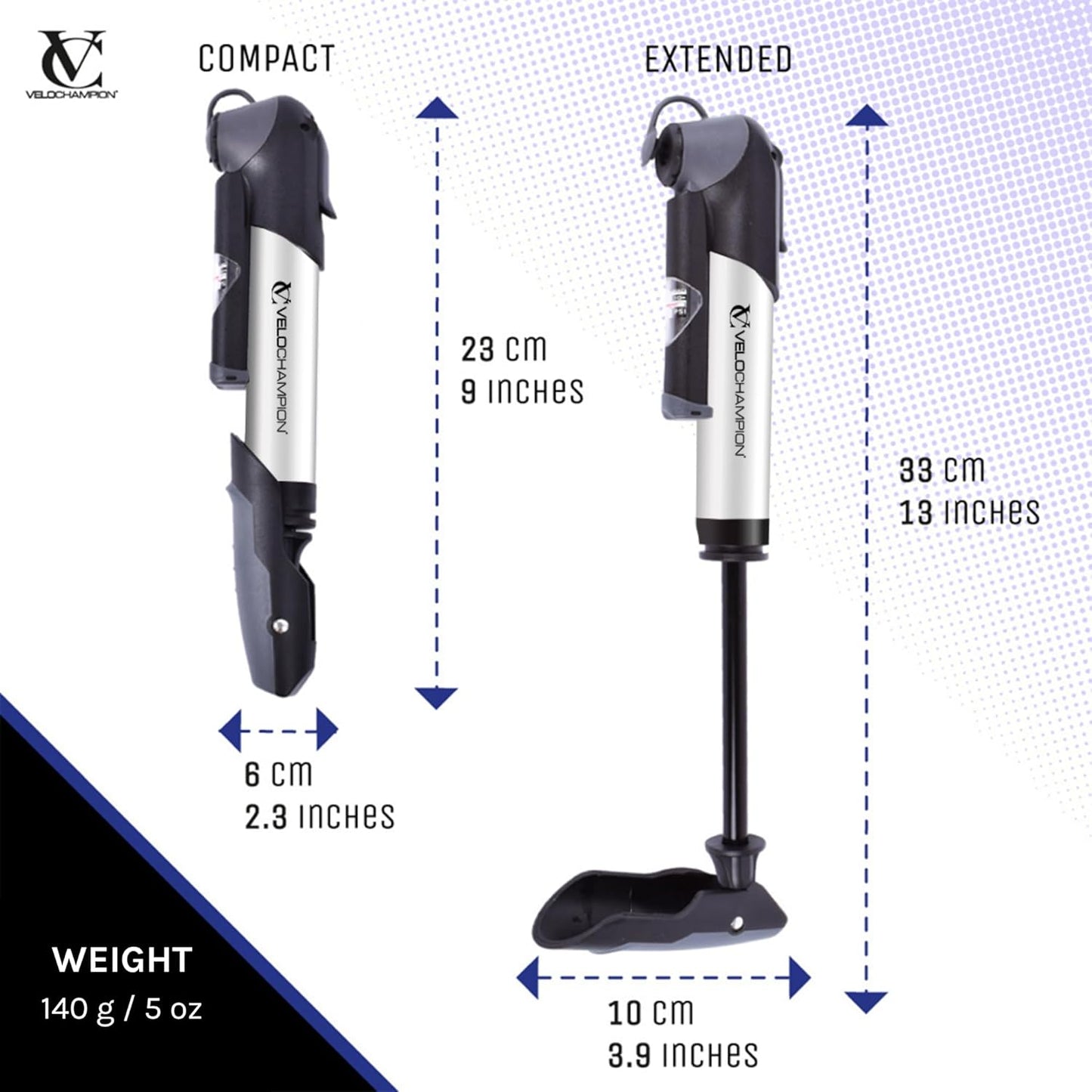 VeloChampion Alloy Mini Bike Pump Suitable for Presta, Schrader and Dunlop - Portable, Compact, Durable and Easy to Use