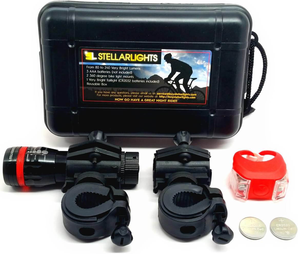 StellarLights - Solid Aircraft Aluminum Bike Light - Bright 240 Lumens LED Bicycle Headlight with Tail Light - Waterproof - Mounts in Seconds - NO Tools Required
