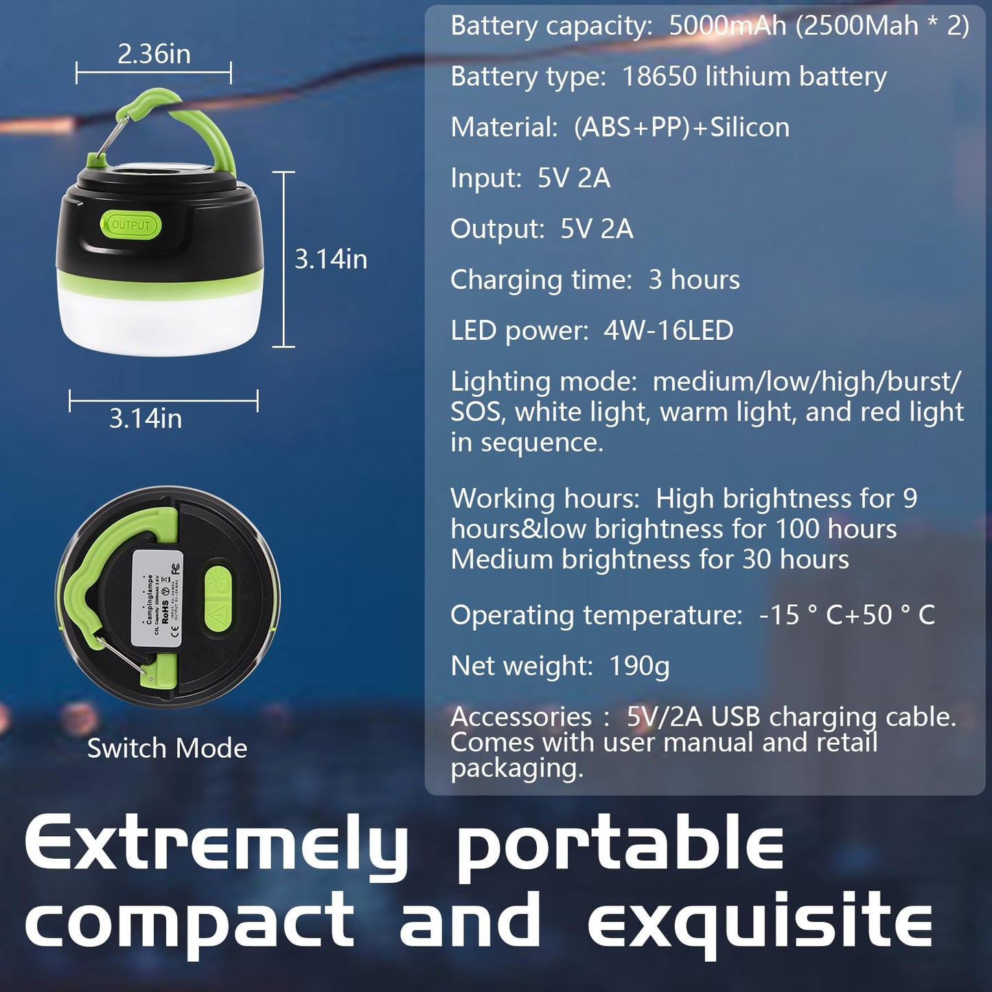 KRJNW LED Rechargeable Camping Lantern, Tent Lights Power Bank&Flashlight,5000mAh, 200lm 10 Modes, Portable Waterproof Hanging Magnetic, for Camping Hiking Emergency