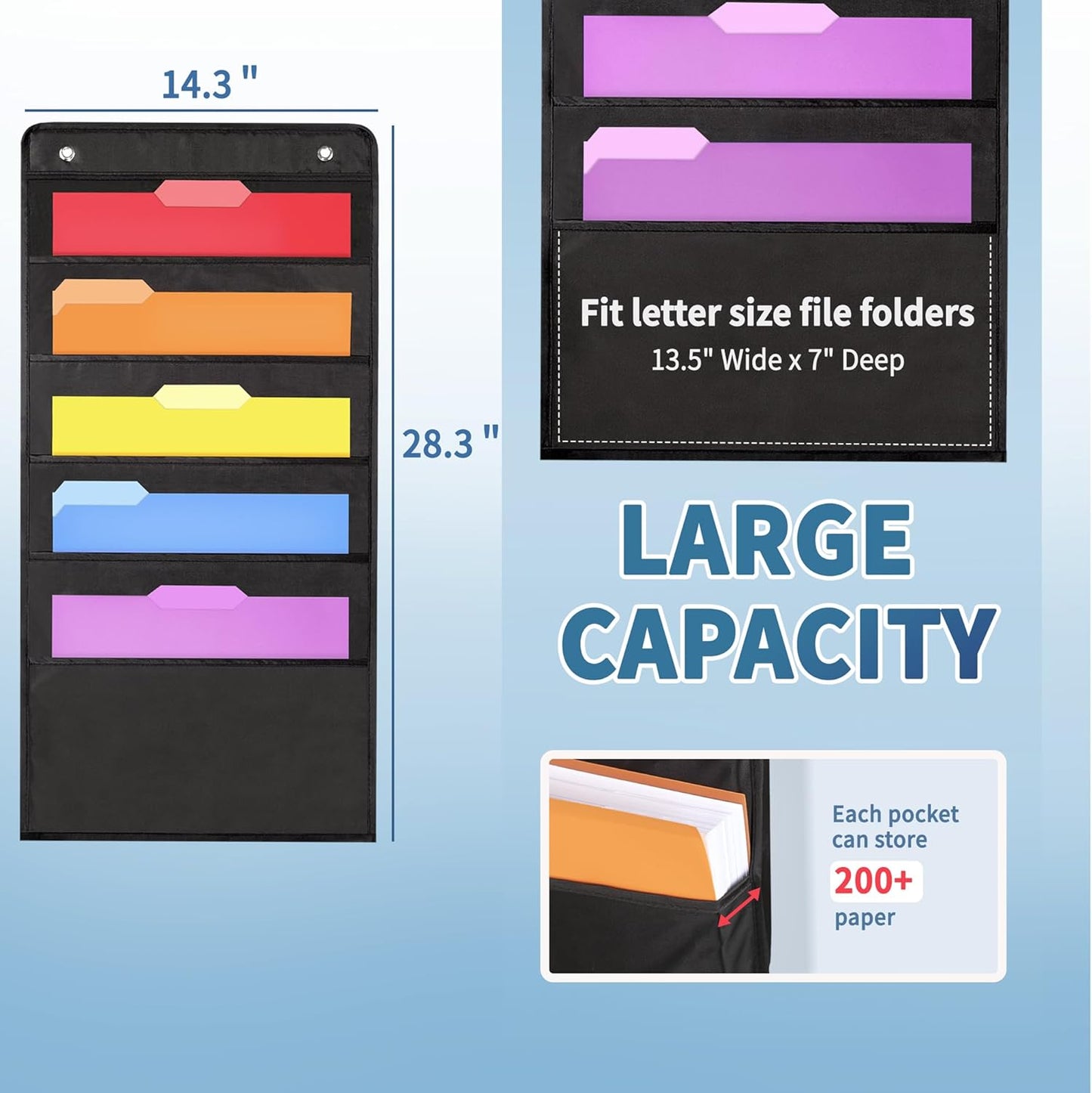 Annecy 10 Pockets Hanging Wall File Organizer, Black Storage Pocket Chart for File Folder and Paper, Space Saver for Office and Classroom, with Wall Hangers, Over The Door Hooks, Labels