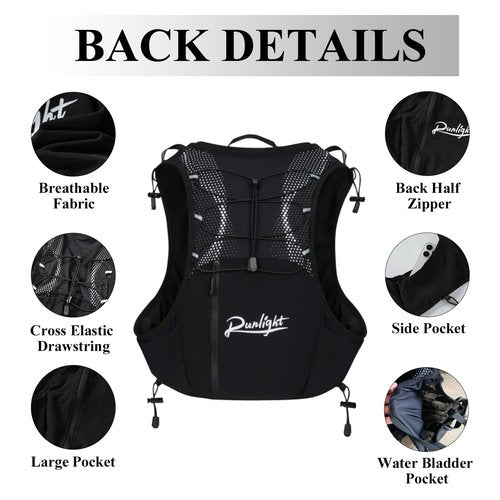 Runlight Hydration Vest Backpack,Lightweight Water Running Vest Pack with 1.5L Water Bladder Bag Daypack for Hiking Trail Running Cycling Race Marathon for Women Men (Black), W118-1