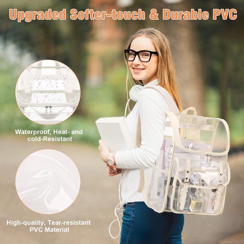DIGOBAY Clear Backpack with Lunch Bag Set, Leather Clear Backpack Heavy Duty Thick PVC Bookbag Fashion See Through Transparent Backpacks with Support Pad for College Travel Work Beige