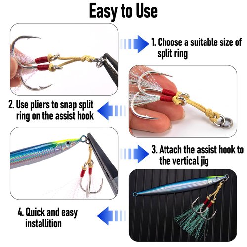 Dr.Fish 10 Pack Double Jigging Assist Hooks Saltwater Replacement Hooks Vertical Jig Lure Mylar Flash Teasers Slow Pitch Fast Fall Diamond Jig Tuna Striper Flounder Mackerel 3/0