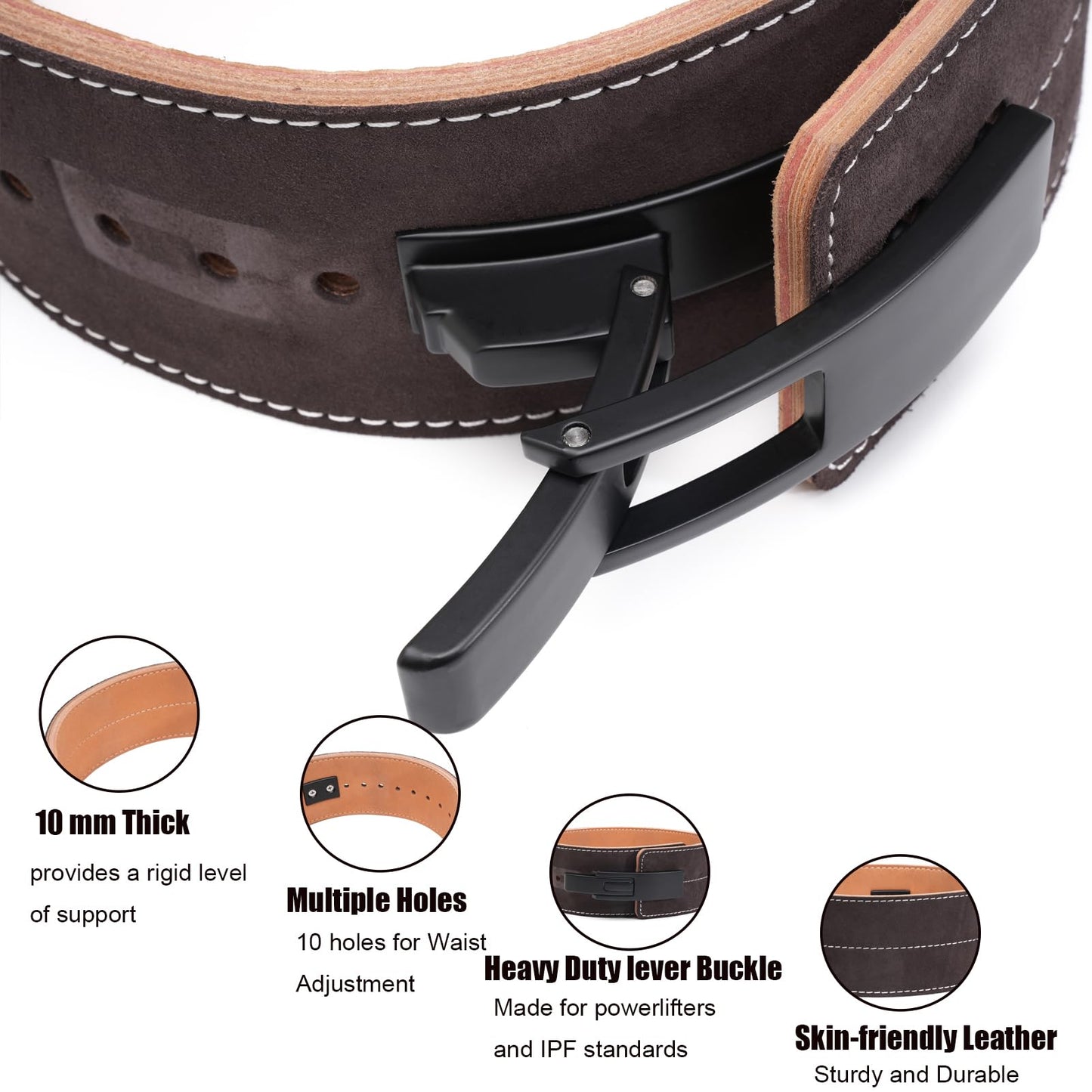 TOUGERJOY 10MM Weight Power Lifting Leather Lever Pro Belt Gym Training Black-Weightlifting Belt for Men and Women – Support Back and Core During Heavy Powerlifting Deadlifts and Squats