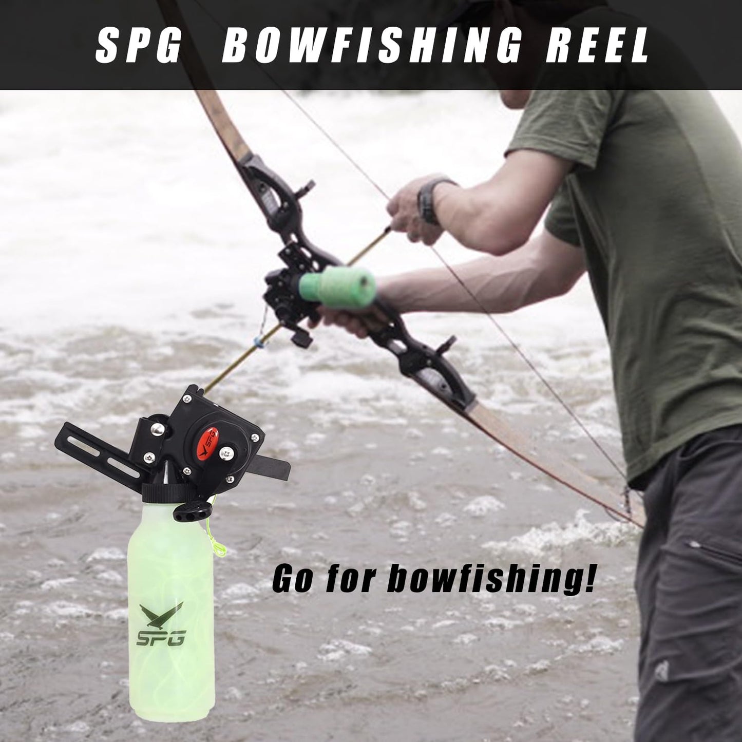 SPG Bowfishing Reel, Archery Bottle Bow Fishing Reels Kits with 40M Fishing Rope, Smooth Bowfishing Reel Kit for Right Hand Compound and Recurve Bows Tool Accessories