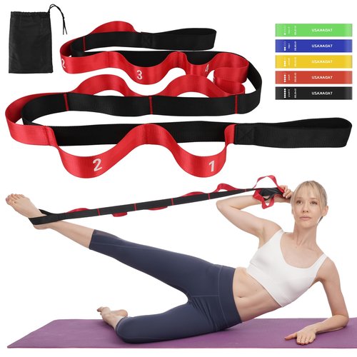 TADAKAZU Resistance Bands Exercise Bands Set for Women, Non-Elastic Yoga Strap with Loops for Stretching Physical Therapy, Workout Bands with 5 Resistance Levels for Home Gym Exercise, Red