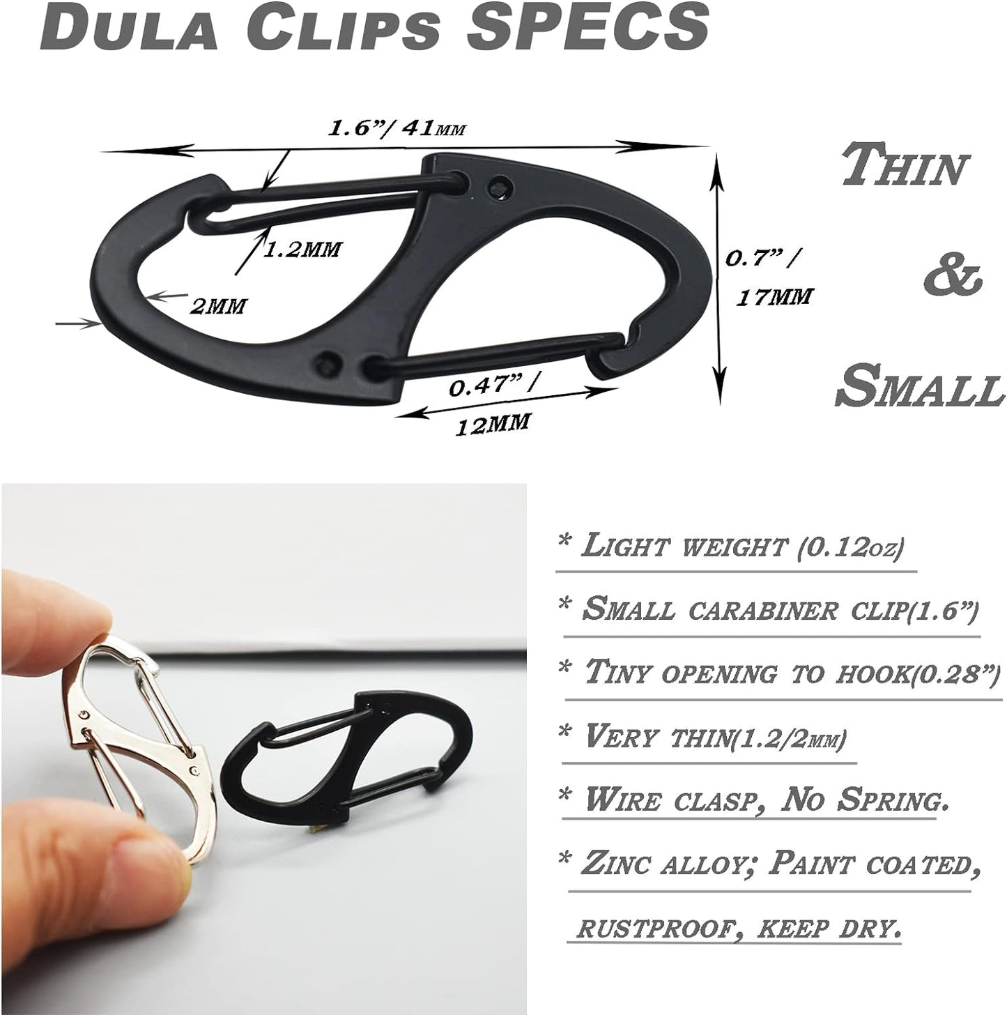 Small Carabiner Clips 1.6 inch(41mm) Metal Double Sided Spring Gate Snap Hooks Keychain Clasp Accessories