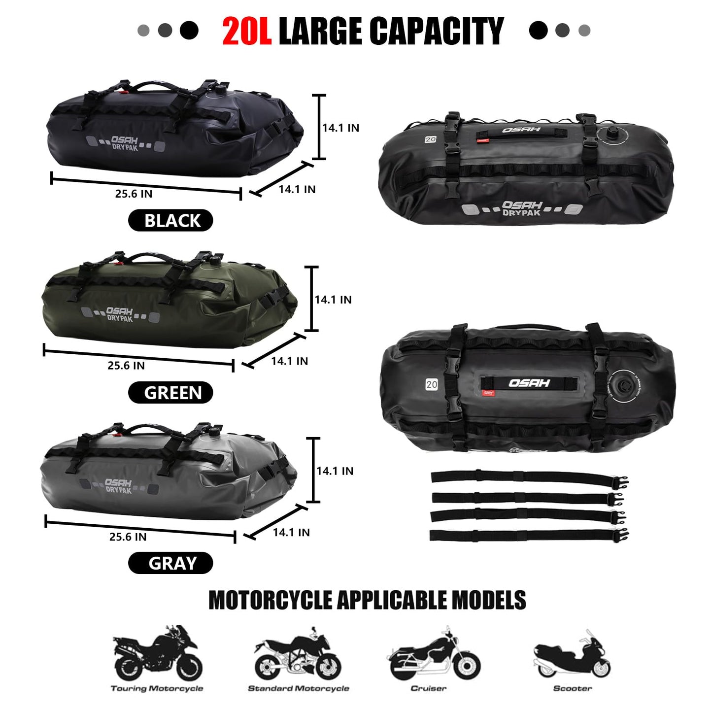 Greanthour Waterproof Duffel& Luggage Bag - Motorcycle Dry Bag Tail Saddle Bags with Roll Top Closure,Large Storage Space,for Camping, Kayaking, Fishing & Traveling(Green, 20L)