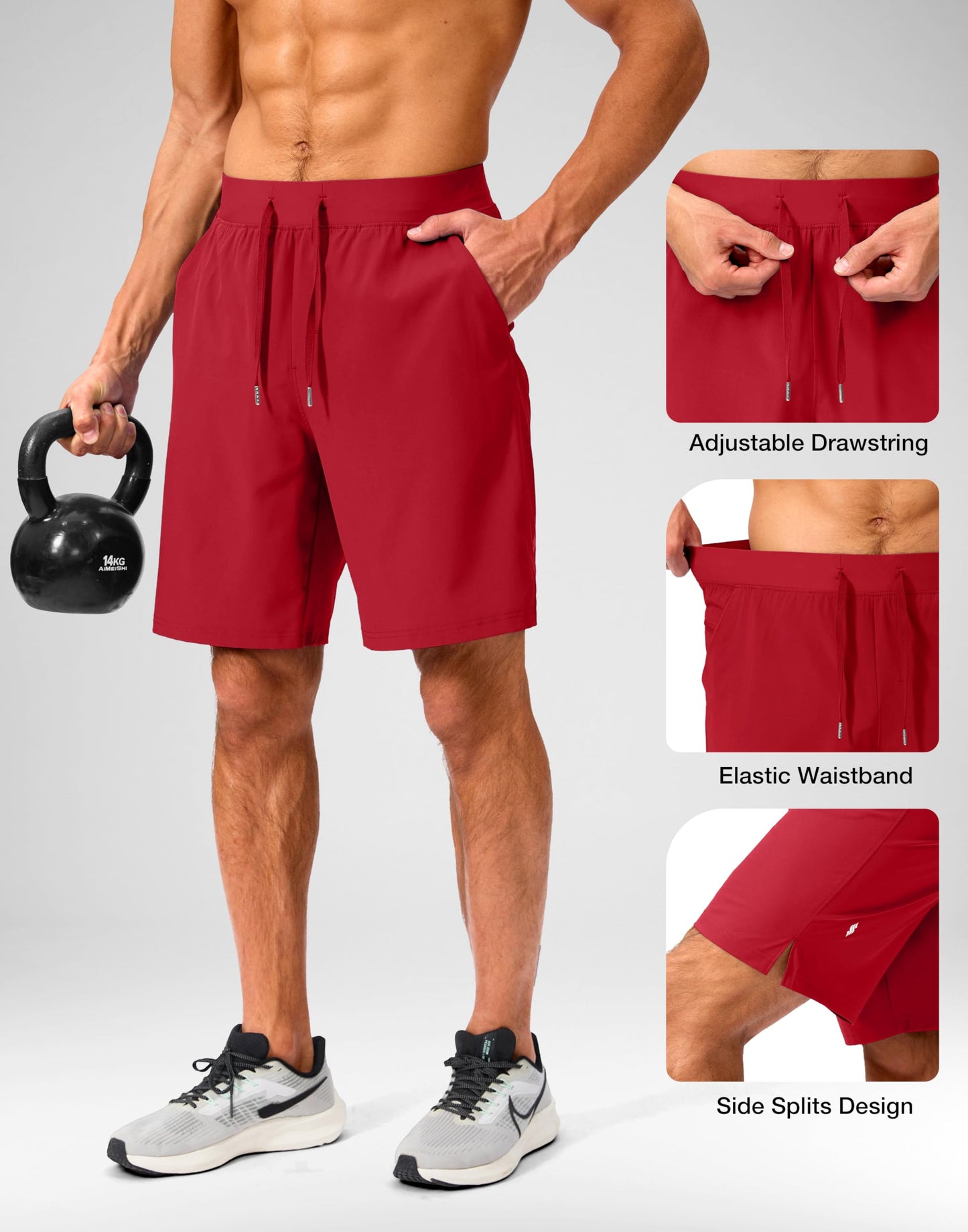 Soothfeel Men's Running Shorts with Zipper Pockets 9 Inch Lightweight Quick Dry Gym Sports Athletic Workout Basketball Shorts for Men (Bone, M) Red