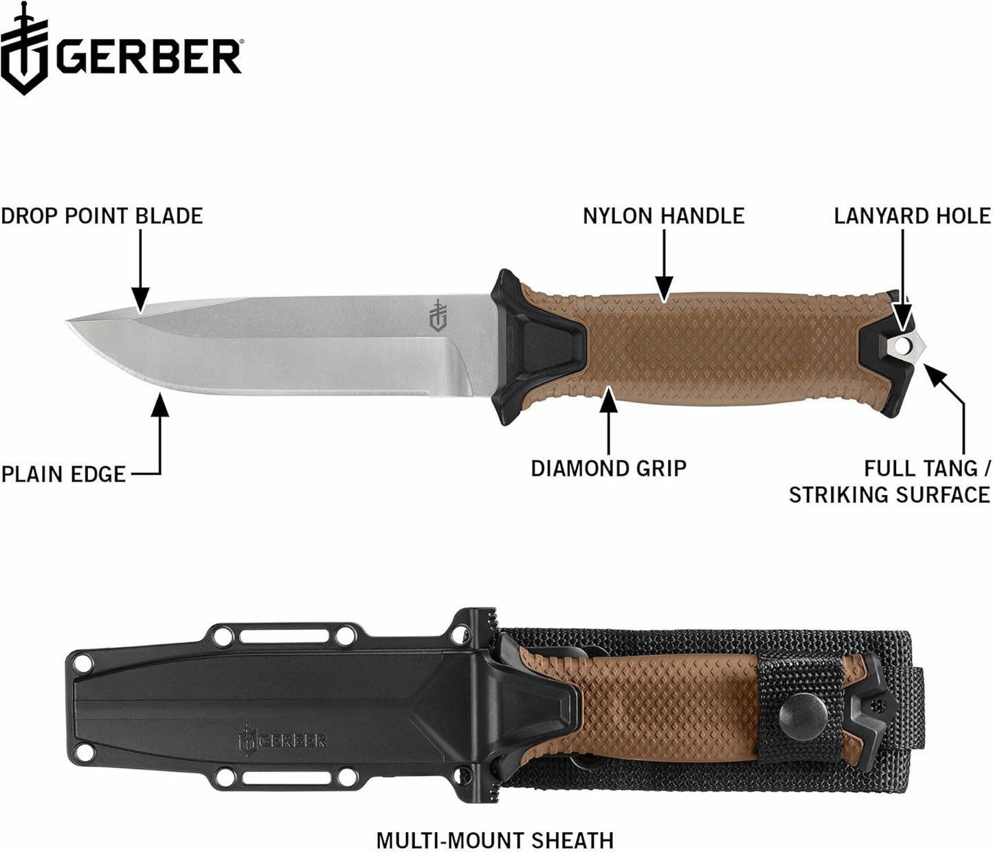 Gerber Gear StrongArm Knife - Fixed Blade - Tactical Knife for Survival Gear - Full Tang, 420HC Steel Blade - Camping Survival Knife - Made in USA - Plain edge, Coyote Brown